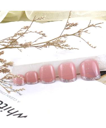 Glitter Pink Square Fake Toenails | French Tip Acrylic Summer Toe Nails - 24Pcs - Buy Online on GoSupps.com