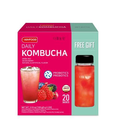 KAYFOOD Daily Kombucha Powder Tea 5g x 20 sticks (100g/3.52oz) with Bottle Sugar Free Diet Tea (SevenBerry Bottle Set)