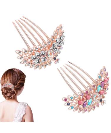 KuuGuu 2 PCS Peacock Hair Combs Pearl Rhinestone Hairpin Crystal Bridal Wedding Hair Side Combs Hair Accessories for Women Silver + Mixed color