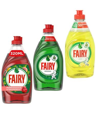 SAESR 3 Pack Variety Fairy Washing Up Liquid 320ml Bundle - Original Lemon Pomegranate and Grapefruit (Variety 3 Pack)