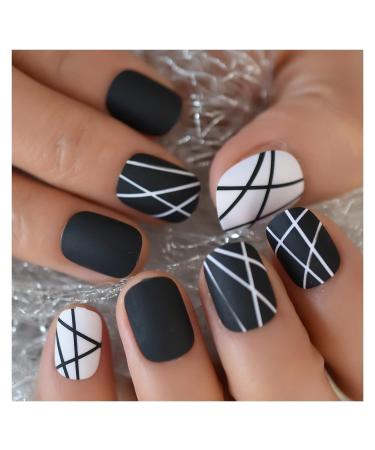 Zhi Zhi Short Round Fake Nails Black And White Lines | Professional Nail Art for Students & Office Ladies - L5656 - Buy Online on GoSupps.com