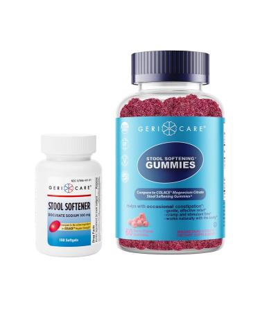 GeriCare Magnesium Citrate Stool Softening Gummies & Docusate Sodium 100mg Softgels Bundle Constipation Relief Supports Fast Soothing Comfort for Bowel Regularity
