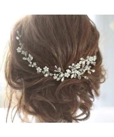 Aukmla Bride Wedding Hair Vines White Pearl Hair Accessories Crystal Rhinestone Hair Piece for Bride and Bridesmaids HV-24 (Silver)