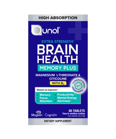 Qunol Brain Health Memory Plus with B6 Magnesium L-Threonate & Citicoline Clinically Tested Ingredients to Improve Memory Focus Attention and Productivity 60 Count (Pack of 1)