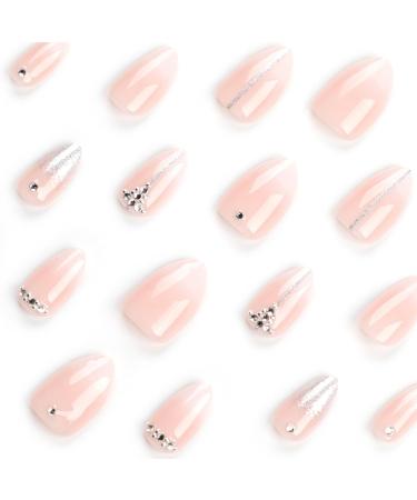 Shop Mouyouglow Short Almond Pink Gradient Press On Nails - Rhinestones & Glitter | Artificial Fake Nails with Glue - Baby Boomer Ombre Style - Buy Online on GoSupps.com