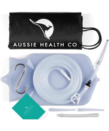Aussie Health Co Non-Toxic Silicone Enema Bag Kit - 2 Quart Capacity for Water & Coffee Colon Cleansing - BPA & Phthalates Free - 6.5 Foot Hose, 3 Tips, Strong Clamp, Bonus Nozzle & Instruction Guide Clear