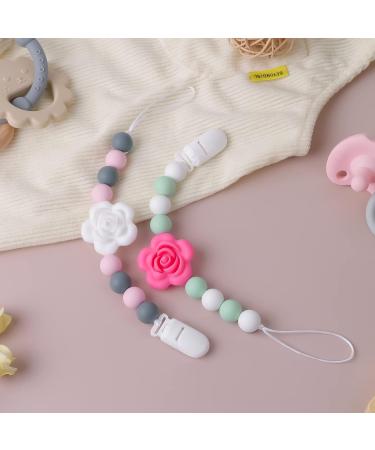 Pacifier Clip 2 Pack for Baby Boys and Girls - Neutral Binky Holder with Flower Design - Beige Grey and Green Grey - Buy Online on GoSupps.com
