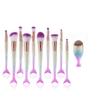 Mermaid Makeup Brushes Set - 11pcs Professional Blending Brush Kit for Women, Synthetic Fiber Bristles, Special Cosmetic Tools (Purple & Yellow) - Buy Online on GoSupps.com