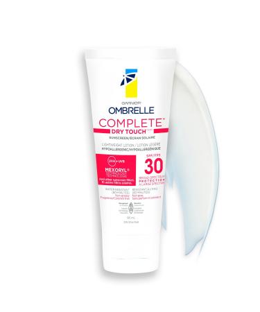 Garnier Ombrelle Complete Dry Touch Sunscreen Lotion SPF 30 For Face & Body For Sensitive Skin Water-Resistant Non-Greasy Non-Sticky Hypoallergenic Fragrance-Free High Broad Spectrum UVA/UVB Protection 90ml