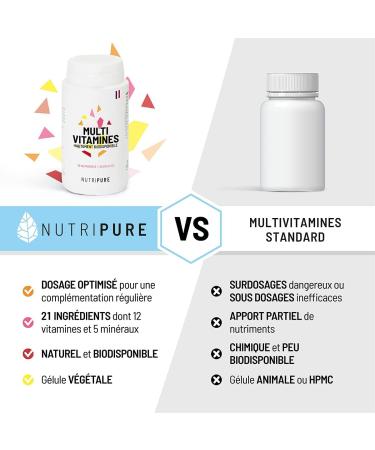 Nutripure | Multivitamins and Minerals 21 Nutrients | Food Supplement | Magnesium Vitamin B12 Vitamin D Zinc | Antioxidant Cognitive Vision | 60 Capsules | 1 Month | Made in France - Buy Online on GoSupps.com