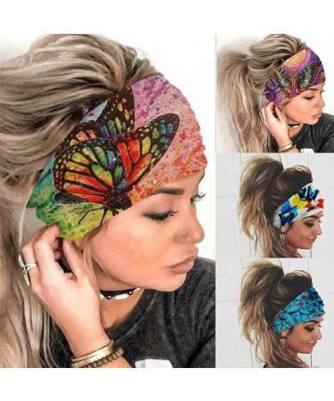 Olbye Wide Boho Headbands Headwrap Butterfly Stretch Button Hair Bands Bandana Yoga Running Athletic Turban Head Bands Head Scarfs Hair Accessories for Women and Girls 4Pcs (Boho)