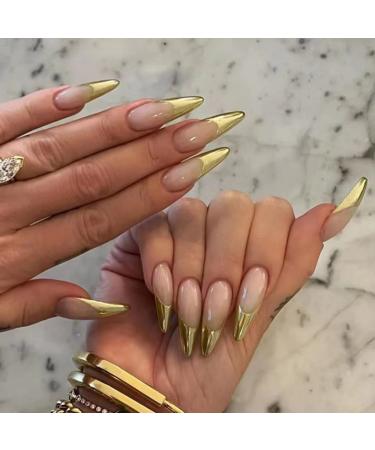 JUSTOTRY 24 Pcs Stiletto False Nails Short Gold French Press on Nails Pattern Pretty Glossy Fake Nails Short with Nail Glue Almond Stick on Nails for Women Nails Fake Nail for Nails Art gold&french1