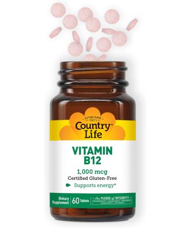 Country Life Vitamin B12 Supports Energy & Red Blood Cell Production 1000mcg 60 Tablets Certified Gluten Free Certified Vegan Certified Halal - Buy Online on GoSupps.com