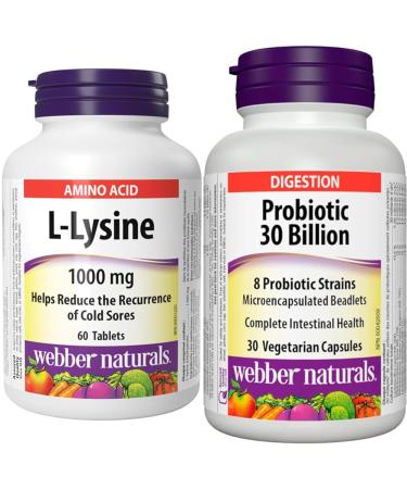 Webber Naturals L-Lysine 1000 mg 60 Tablets Prevents Cold Sores Vegan & Probiotic 30 Billion Active Cells 8 Probiotic Strains 30 Capsules For Digestive Health Vegetarian
