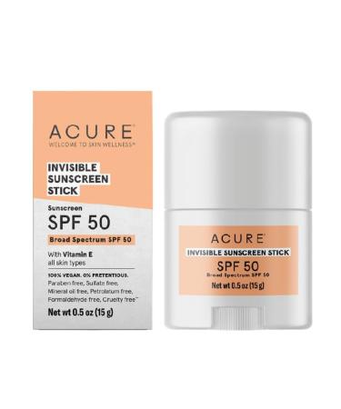 Acure Invisible Sunscreen Stick SPF 50 With Vitamin E For All Skin Types 100% Vegan 0.5 oz