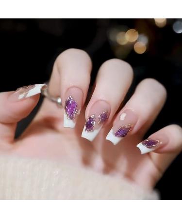 JUSTOTRY 24 Pieces Coffin Nails for Sticking on Medium with Gems Beige French Artificial Nails Nude Ballerina Artificial Nails Press on Nails with Glue Coffin Fingernails Fake Nails Long for Women Beige&gems1