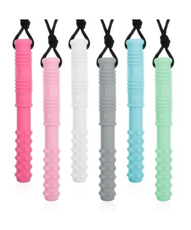 QINREN 6 Pcs Sensory Chew Necklaces Food Grade Silicone Chewing Toys Set Oral Motor Chewy Teether with Wearable Rope for Kids Boys Girls Teething Anxiety Biting Needs(Multicolors)