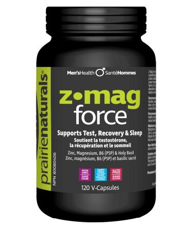 Prairie Naturals Z Mag Force better bones/teeth tissue formation muscle function maintenance. Electrolyte balance normal acid-base metabolism form red blood cells. Holy Basil. Zinc. Magnesium. B6 P5P. Better testosterone level. Non-GMO. Dairy free. Gluten