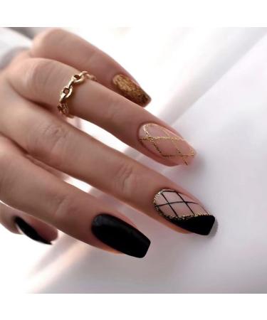 JUSTOTRY 24 Pcs Tartan False Nails Long Black French Press on Nails Patterns Gold Swirl Ballerina Stick on Nails for Women Acrylic Coffin Fake Nails Medium with Glue for Nail Art black&Wavy1