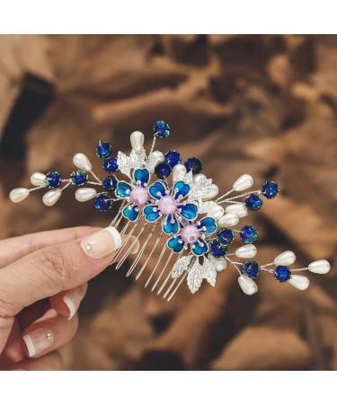 IYOU Flower Wedding Hair Combs Blue Pearl Bridal Headpiece Floral Leaf Hair Piece Bride Bridesmaid Hair Accessories for Women