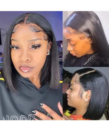 Natural Black 12 Short Bob Human Hair Lace Front Wig with Baby Hair - 180% Density Pre Plucked Straight Bob Frontal Wig for Women - Buy Online on GoSupps.com
