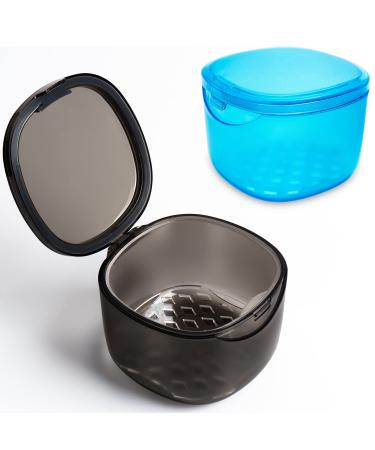 Mckkor Denture Case - 2 Pack - Denture Bath Box for Traveling Perfectly Denture Cup with Strainer (transparent grey transparent blue) grey_blue