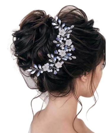 IYOU Crystal Wedding Hair Vine Flower Navy Blue Headband Rhinestone Bridal Hair Accessories for Women
