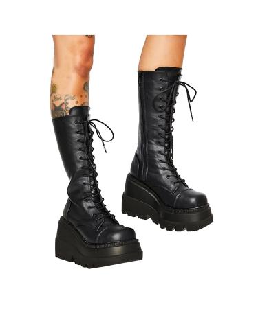 Chidy women boots Womens Wedge Platform Mid Calf Boots Chunky High Heel Side-Zip lace-up motorcycle riding boots for women punk gothic fashion boots 42 EU black