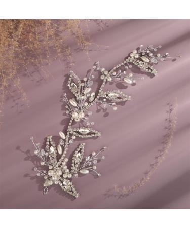 Kercisbeauty Silver Rhinestones Leaves Pearl Headband for Wedding Brides Women Girls Special Occasion Handmade Boho Hair Vine - Buy Online on GoSupps.com