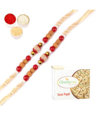 Ghasitaram Gifts Rakhi for Brother Rakhis Online - Set of 2-1889 Fancy Thread Rakhi with 400 GMS of Soan Papdi Set of 2 Rakhis with 400 gms of Soan Papdi
