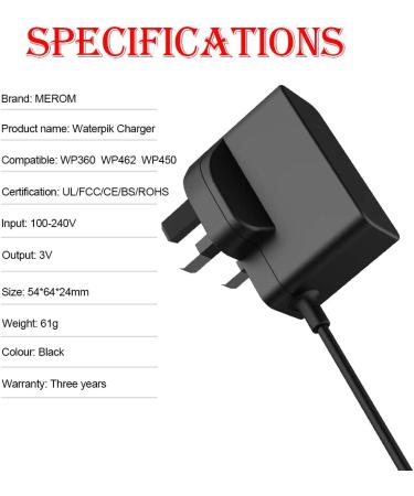 MEROM Water Flosser Charger for YLA-03010 Power Cord - Compatible with Waterpik WP360, WP462, WP450 - Power Adapter Supply - Buy Online on GoSupps.com