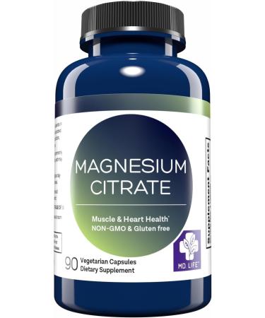 MD. Life Magnesium Citrate 250 mg 90 Capsules High Absorption Magnesium Citrate Supplement Easy-to-Swallow Capsules for Muscle Nerve Heart Sleep and Bone Support 90 Count (Pack of 1)