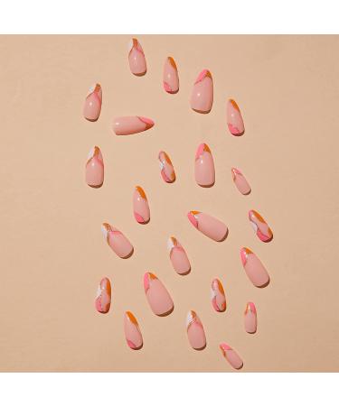 Medium Almond Orange Pink Press on Nails with Gold Line Design - 24 Pcs | Summer False Nails for Women - Buy Online on GoSupps.com