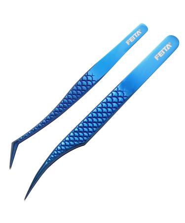 FEITA Diamond Grip Eyelash Extensions Tweezer Lash Precision Tweezers  Japanese Steel Dolphin-shaped & Angled Tip  False Lashes Application Tools  Blue 2Pcs Dolphin-shaped & Angled Tip Blue