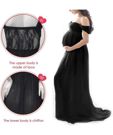FEOYA Maxi Maternity Dress - Chiffon Lace Strapless Gown for Pregnant Women - Black - Perfect for Photography - Full Length with Split Front - Buy Online on GoSupps.com