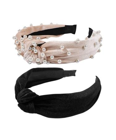 BEBEEPOO 2Pcs Headbands for Women  Pearl Headbands with Velvet Knotted Wide Headbands  Faux Pearl Elastic Hair Hoops Fashion Vintage Styling Hair Accessories