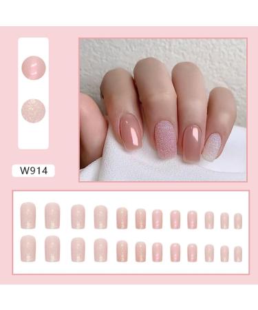 SINLOV Short Square Fake Nails Pink French False Nail Glossy Sequins Full Cover False Nails Press on False Nails for Women and Girls  - Buy Online on GoSupps.com