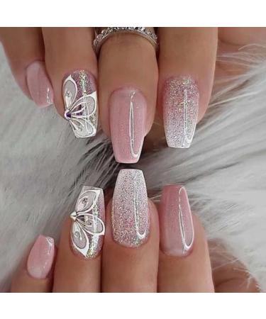 Tdkfdswdoa Pink Gradient Glitter Nails Gradual Change Butterfly Rhinestones Nails Wearable Press on Nails False Nails ABS - Buy Online on GoSupps.com