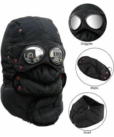 Winter Thermal Trapper Hat with Glasses - Windproof Ski Mask Cap in Black - Buy Online on GoSupps.com