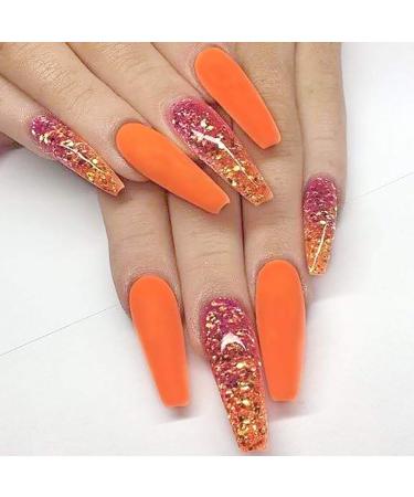 Brishow long artificial nails coffin false nails orange fake nails ballerina stick on nails acrylic false nail tips 24PCs for women and girls