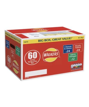 Walkers Variety Box Crisps 60 Pack Cheese & Onion Ready Salted Salt & Vinegar