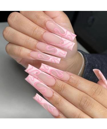 Kamize Line Fake Nails Pink Press on Nails Full Cover Acrylic Long Coffin False Nails for Women and Girls 24PCS