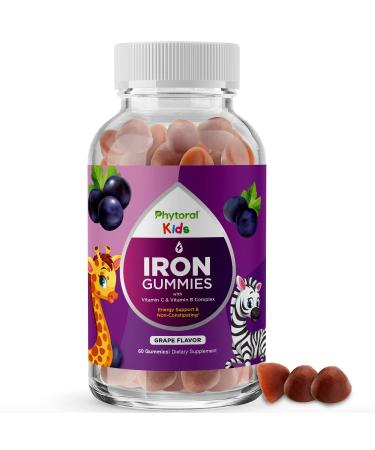 Iron Gummy Multivitamin for Kids - Phytoral Natural Immune Boost and Focus Supplement - Delicious Kids Iron Gummies with Vitamin A Vitamin B Vitamin C Calcium Zinc - Kids Iron Gummies - 60 Pills
