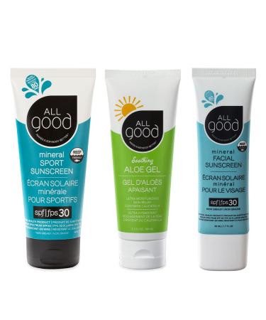 All Good Sport Mineral Sunscreen  Aloe Gel & Facial Sunscreen Bundle - UVA/UVB Broad Spectrum SPF 30+  Water Resistant - Includes (2) SPF 30 Sport Sunscreen  (1) Aloe Gel and (1) SPF 30 Facial Sunscreen - Buy Online on GoSupps.com