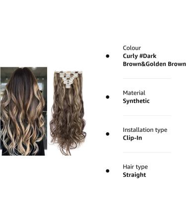 8Pcs Clip in Hair Extensions 24inch Curly Wavy Brown Synthetic Hairpiece - Dark Brown & Golden Brown - Buy Online on GoSupps.com