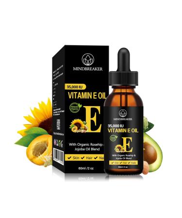 Vitamin E Oil 35 000 IU + Organic Rosehip & Jojoba Blend - 2 OZ.100% Plant Extract Pure Oils Moisturizing Oil for Skin and Face (60ml)