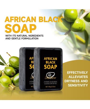  JHzood African Black Soap with Shea Butter Natural Moisturizing Body Soap 100g Cleanses and Nourishes (2) - Buy Online on GoSupps.com