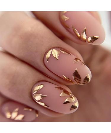 Press on Nails Short Length Almond Shaped Nails Artificial Acrylic Nails Gold Leaves Design Fake Nails Full Cover Glossy Reusable Coffin False Nails Glue on Nails for Women 24Pcs