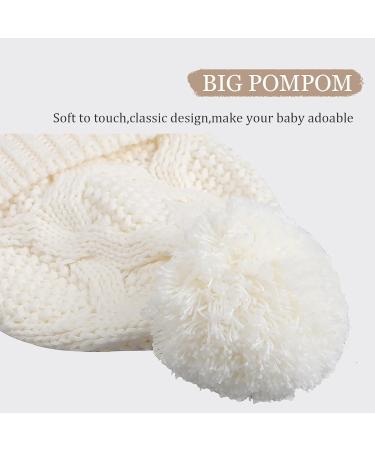 Pesaat Knitted Baby Winter Beanie Earflap Hat | Fleece Lined Pompom Beanie for Infant Toddler 6-12 Months - White - Buy Online on GoSupps.com