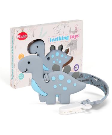 Baby Teething Toys  Dinosaur Teether Pain Relief Toy with One Piece Design Silicone Pacifier Clip Holder Set for Newborn Babies  Freezer Safe Neutral Shower Gift for Boy and Girl(Grey)
